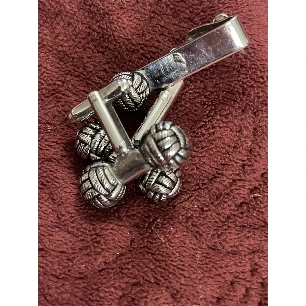 Vintage Cufflinks & Tie Clip With Love Knot Motif, Silvertone - Heavy Turks Head